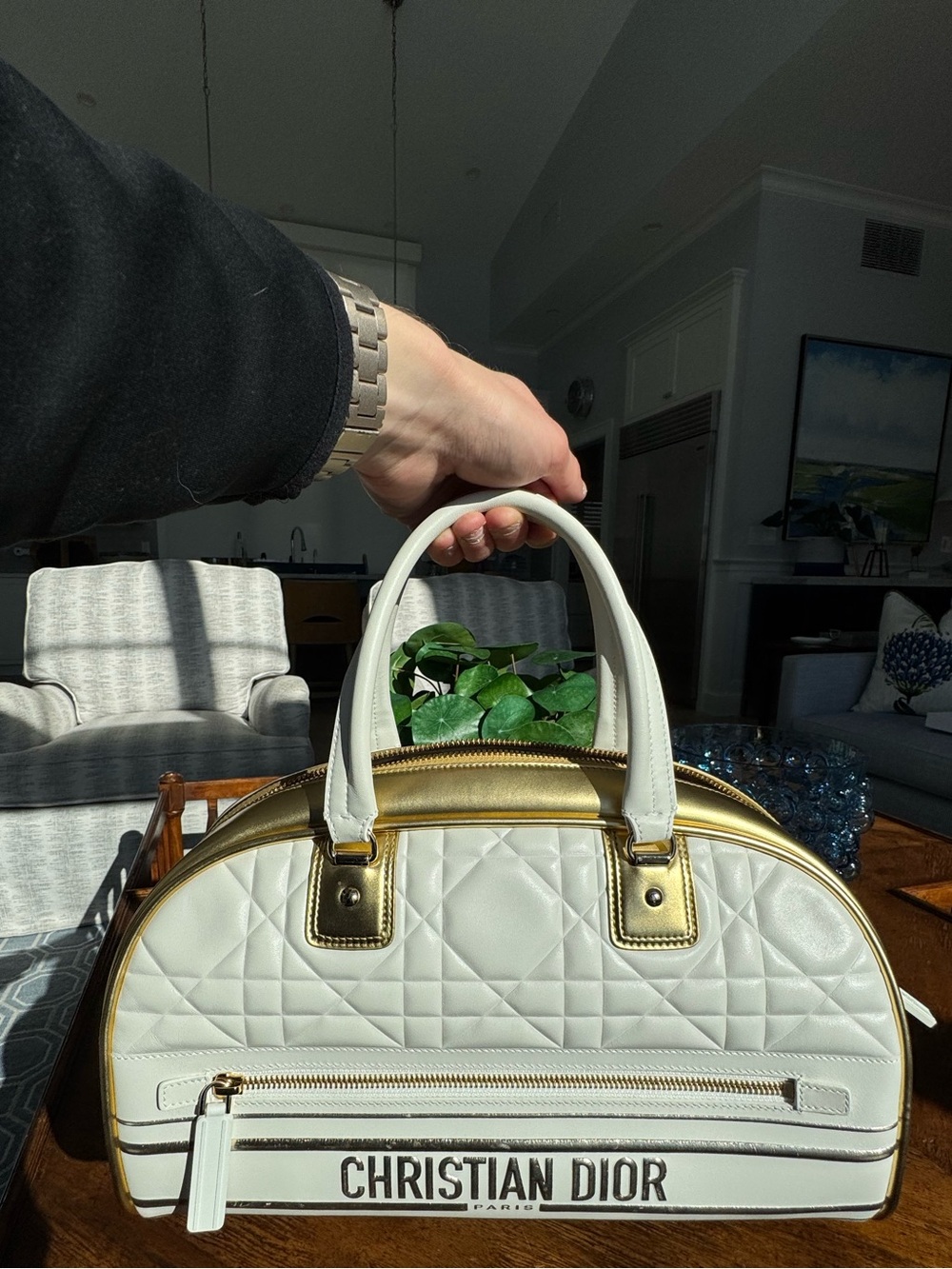 NEW | Christian Dior Vibe Calfskin Padded Macrocannage Bowling Bag | White/Gold